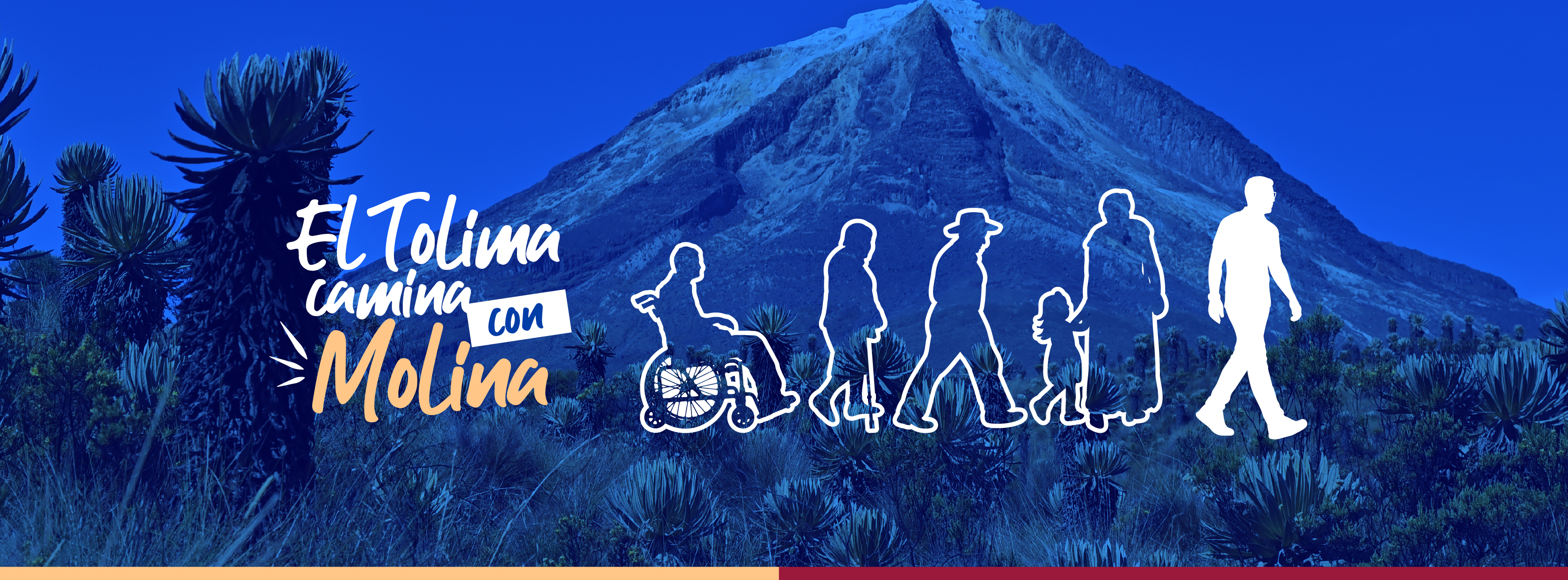 El Tolima camina con Molina — comunidad caminando hacia el nevado, incluyendo personas en silla de ruedas, adultos mayores, niños y familias